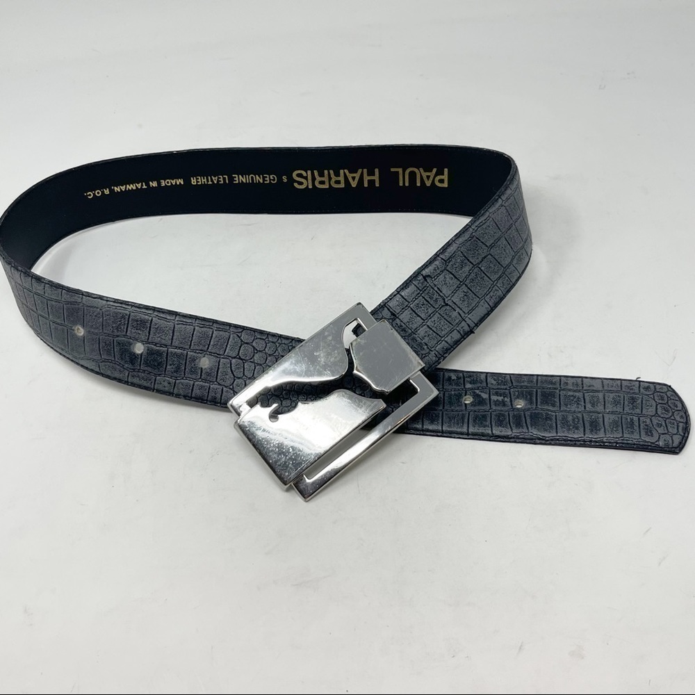 Vintage PAUL HARRIS Women’s Grey Stamped Leather Belt Silver Puma Buckle Size S